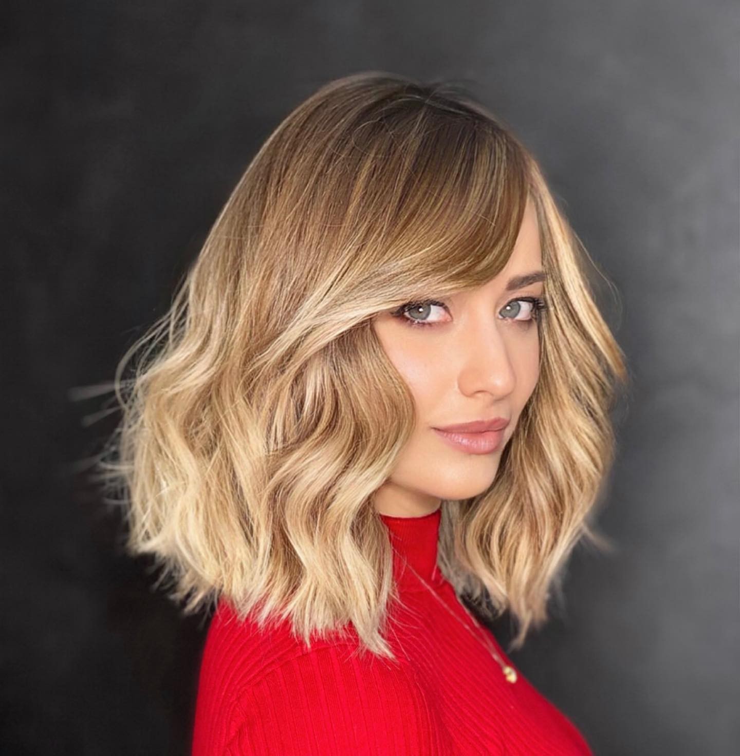 Lob with Shaggy Waves and Swoopy Bangs